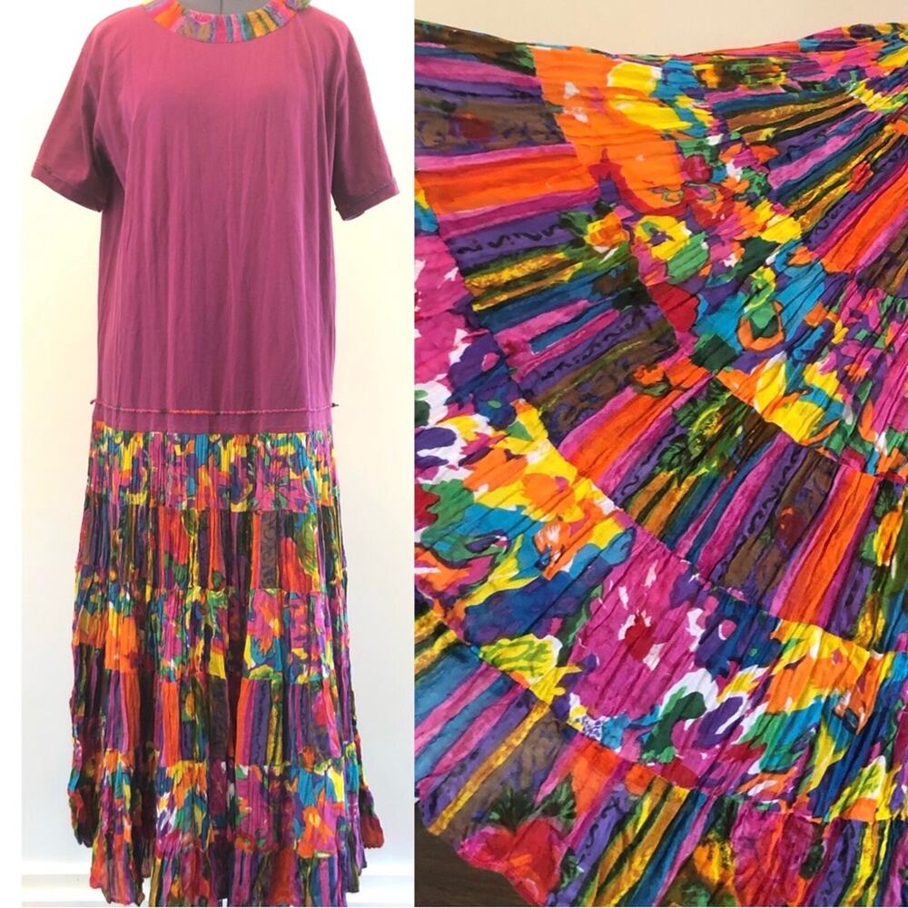 Vintage 90s Bright Rainbow Colorful Maxi Dress Funky Wild Pattern Flower Detail